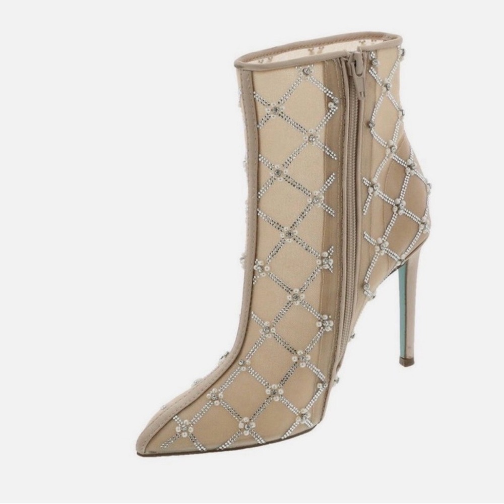 Betsey Johnson Beige Crystal-Embellished Pointed Ankle Bootie - Picture 2 of 10